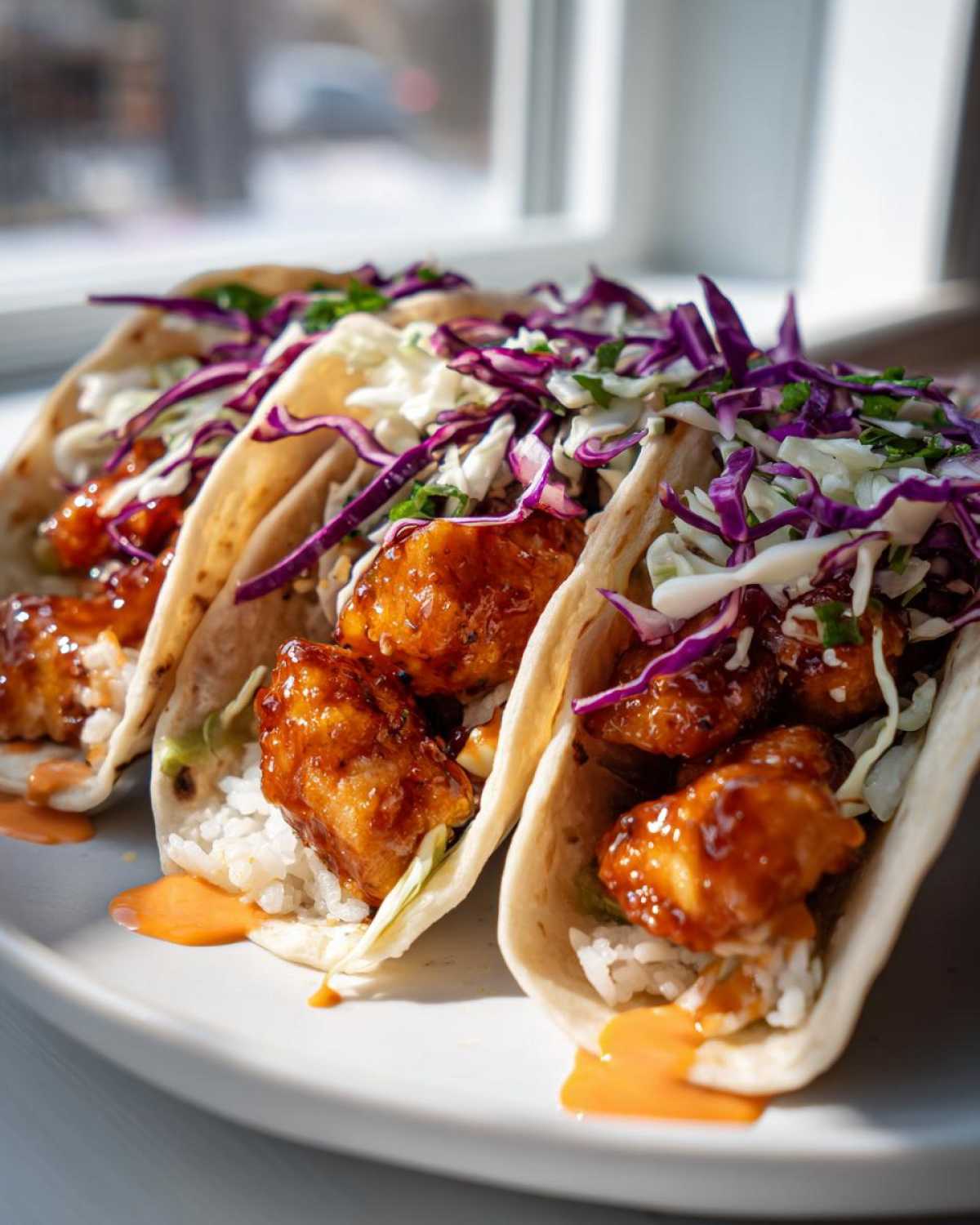 Three delicious Hawaiian Chicken Tacos filled with sticky glazed chicken, rice, and vibrant red and white cabbage slaw.