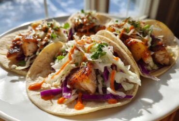 Four delicious Hawaiian Chicken Tacos filled with grilled chicken, colorful slaw, and drizzled with sauce, served on a white plate.