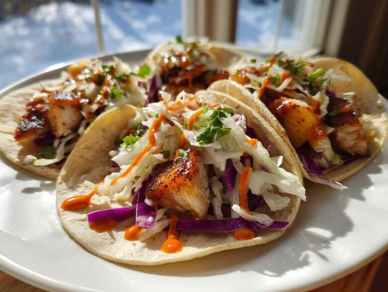 Four delicious Hawaiian Chicken Tacos filled with grilled chicken, colorful slaw, and drizzled with sauce, served on a white plate.