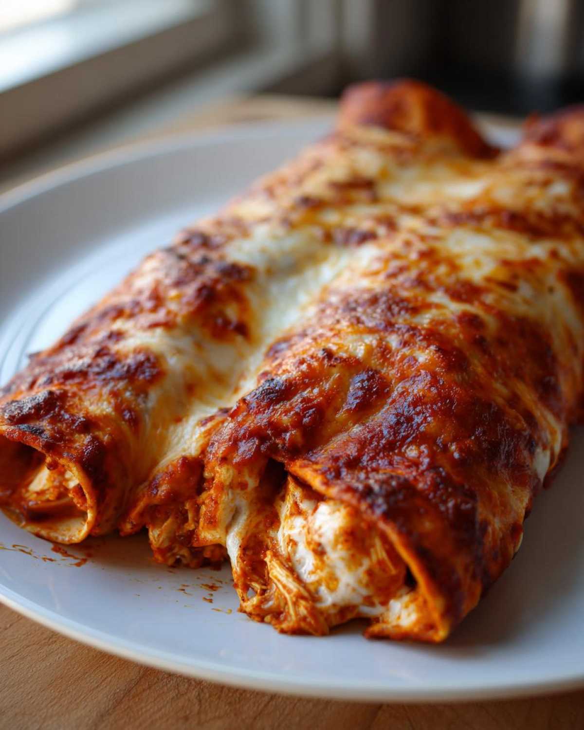 Two baked High Protein Chicken Enchiladas covered in melted, slightly browned cheese and red sauce on a white plate.