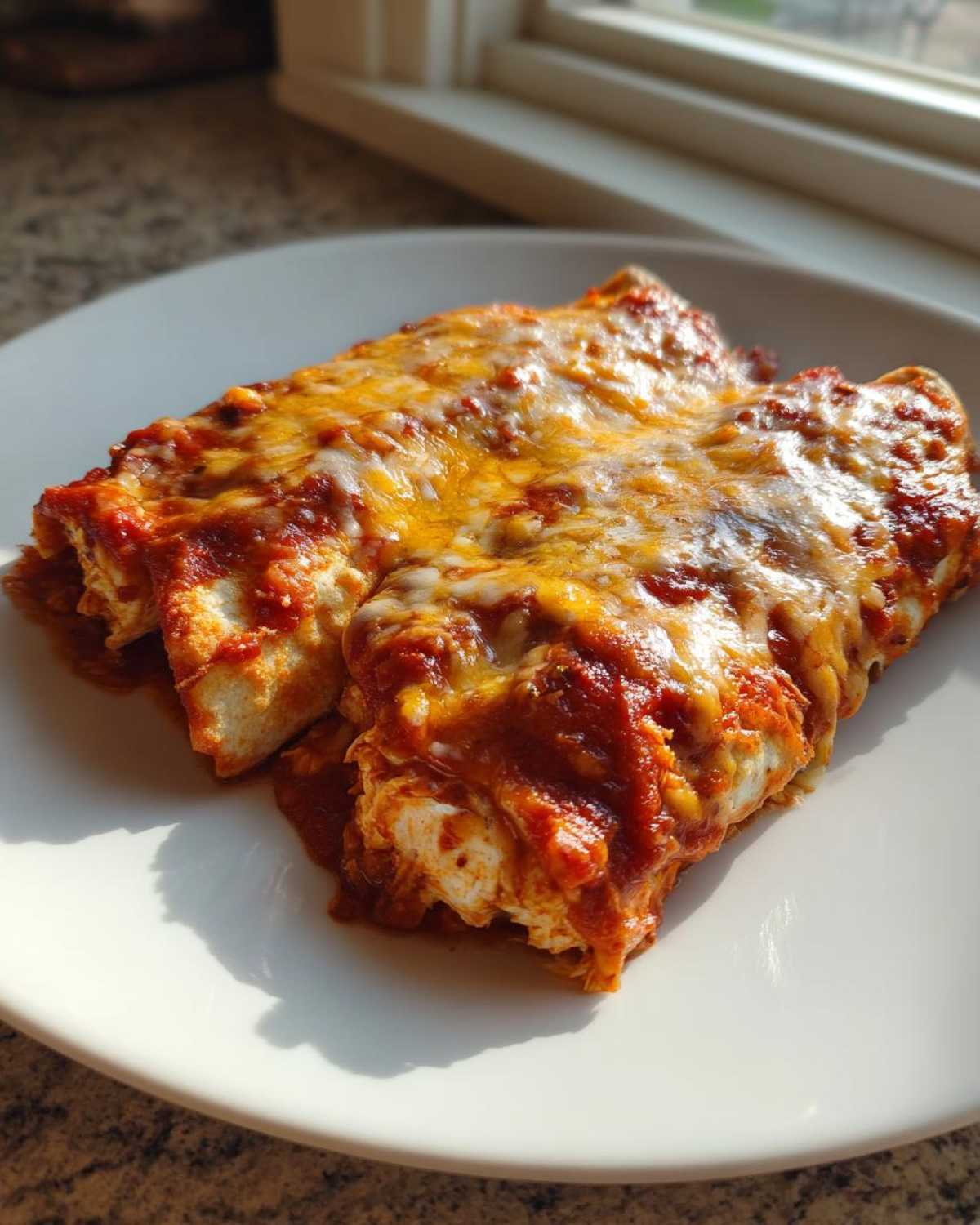 Two baked High Protein Chicken Enchiladas covered in red sauce and melted cheddar and Monterey Jack cheese on a white plate.