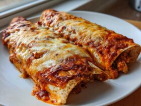 Two baked High Protein Chicken Enchiladas smothered in red sauce and melted white cheese on a white plate.