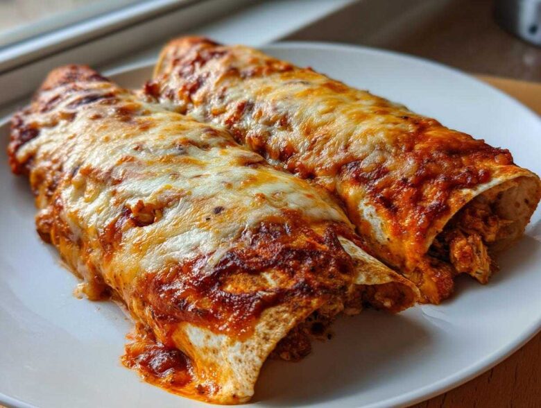 Two baked High Protein Chicken Enchiladas smothered in red sauce and melted white cheese on a white plate.