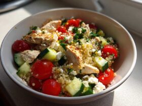 Close-up of a bowl containing a high protein dinner idea: grilled chicken, quinoa, cherry tomatoes, cucumber, and feta cheese.