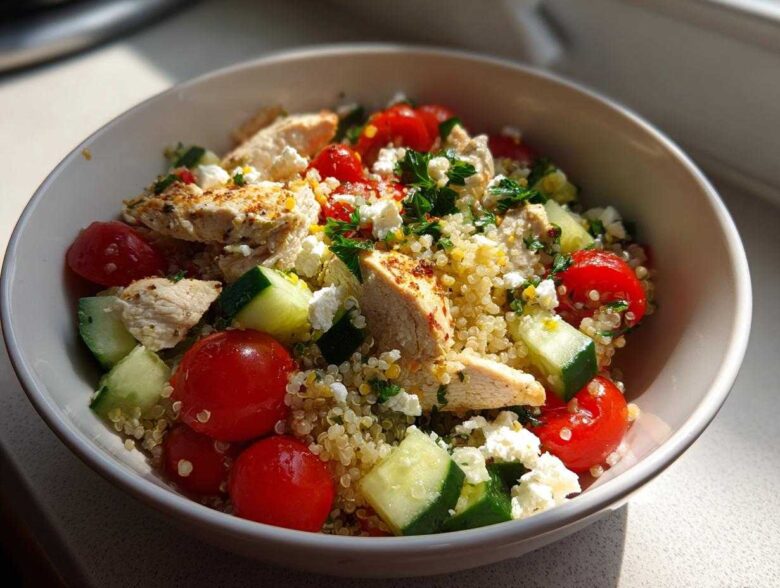 Close-up of a bowl containing a high protein dinner idea: grilled chicken, quinoa, cherry tomatoes, cucumber, and feta cheese.