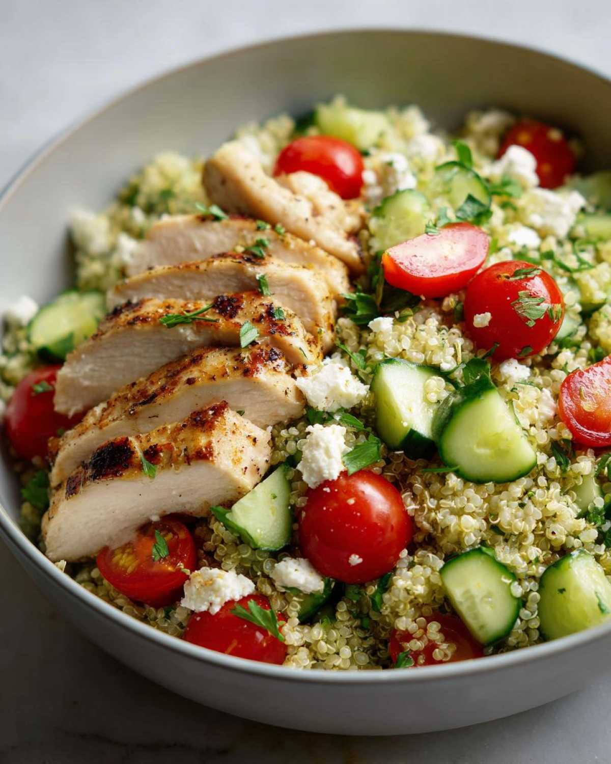 Close-up of a vibrant quinoa salad topped with sliced grilled chicken, cherry tomatoes, cucumber, and feta cheese, perfect for Easy Summer Meals.