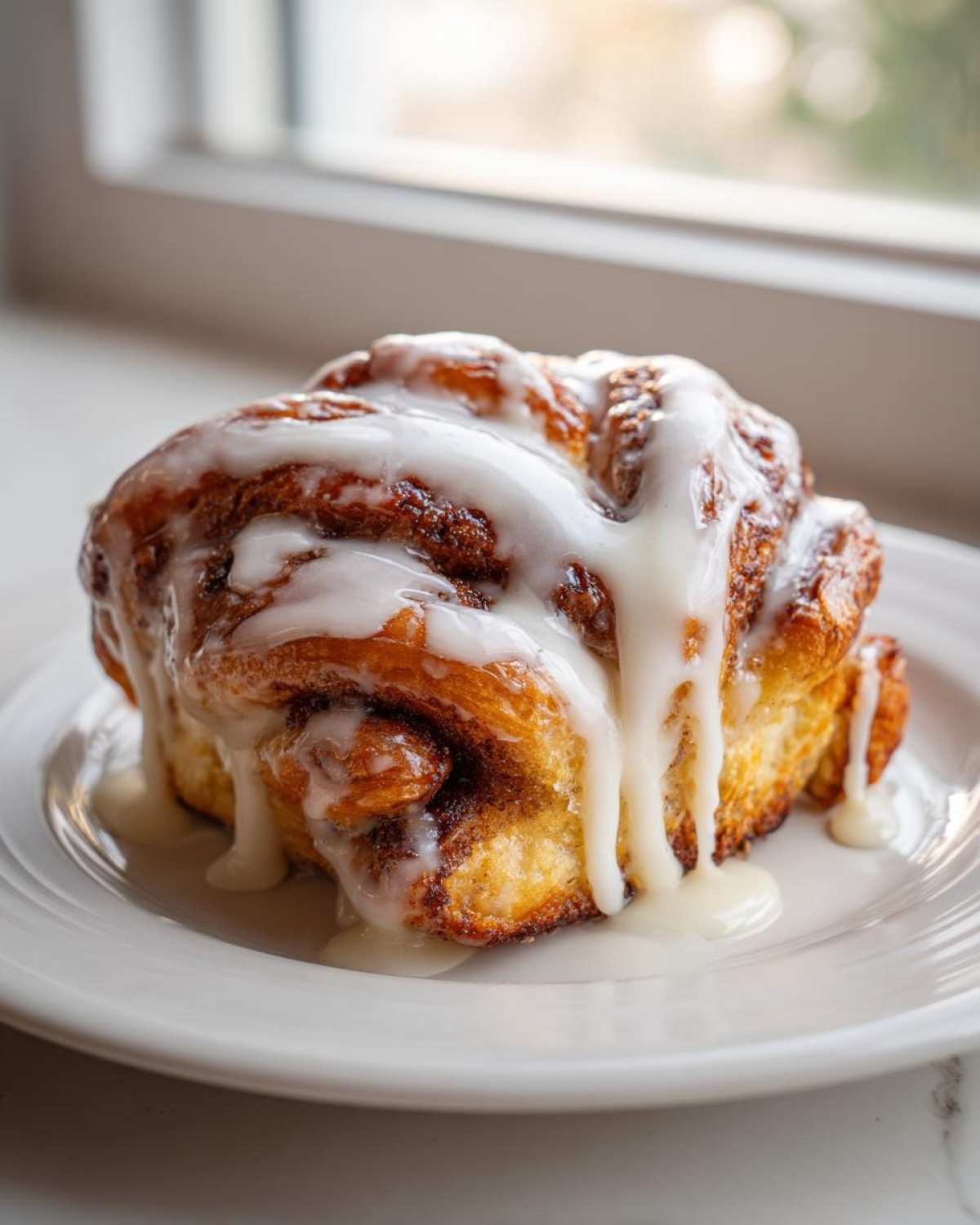 A single, freshly baked Cinnamon Roll Bread Twists covered in thick white icing, resting on a white plate.