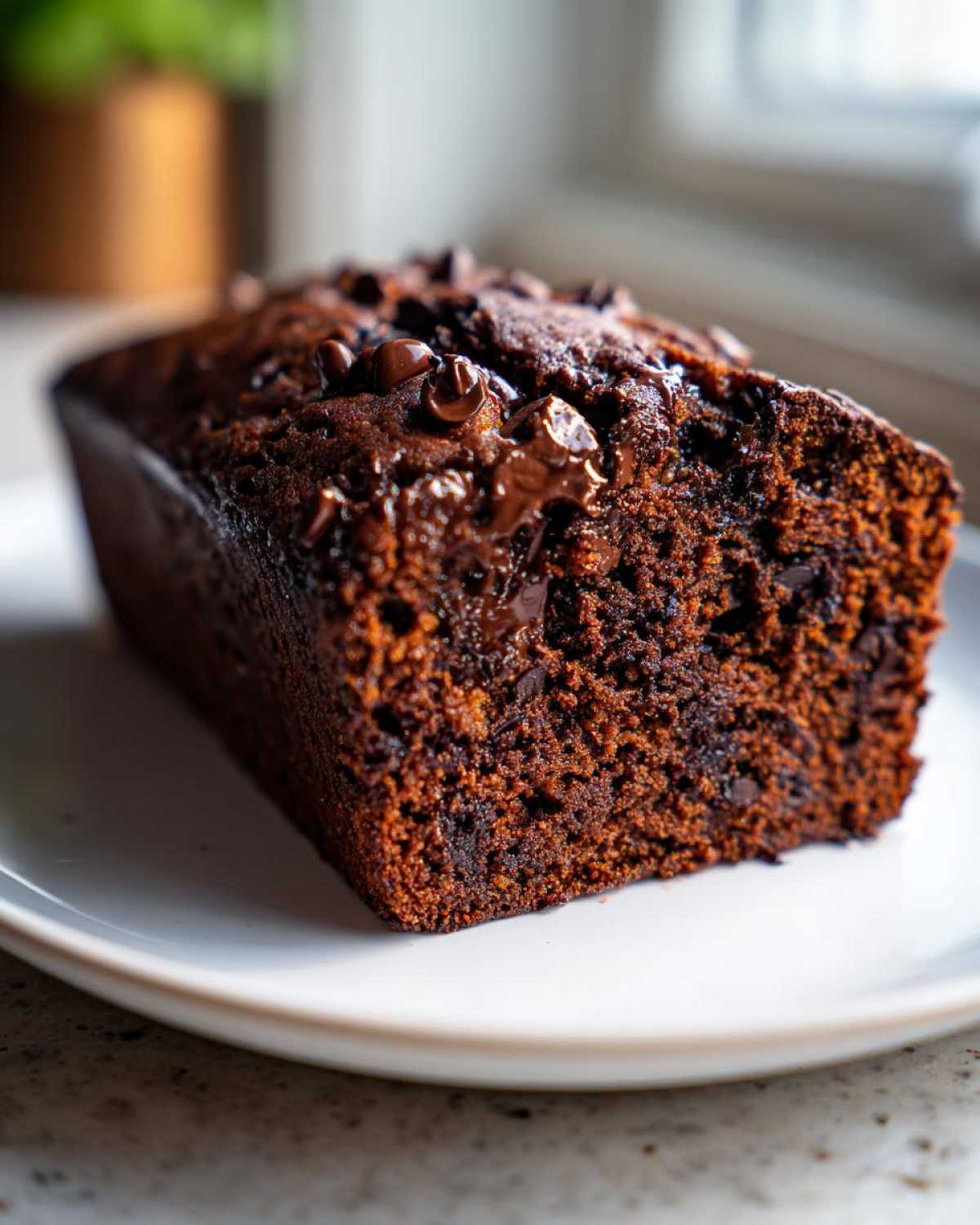 A close-up shot showing the rich, moist crumb and melted chocolate chips on top of the Moist Chocolate Zucchini Bread loaf.