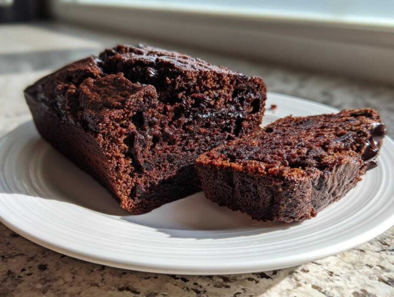Close-up of a very moist chocolate zucchini bread loaf, partially sliced, showing its rich, dark crumb.