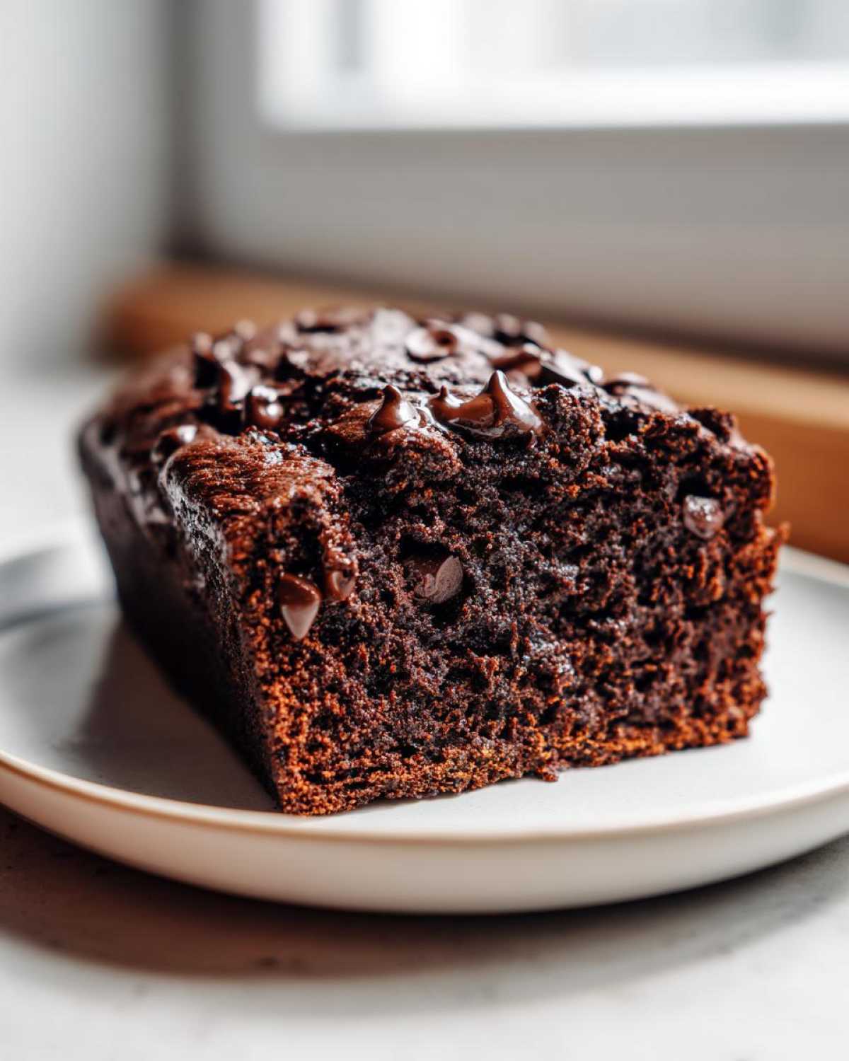 A close-up of a rich, dark slice of Moist Chocolate Zucchini Bread topped with melted chocolate chips.