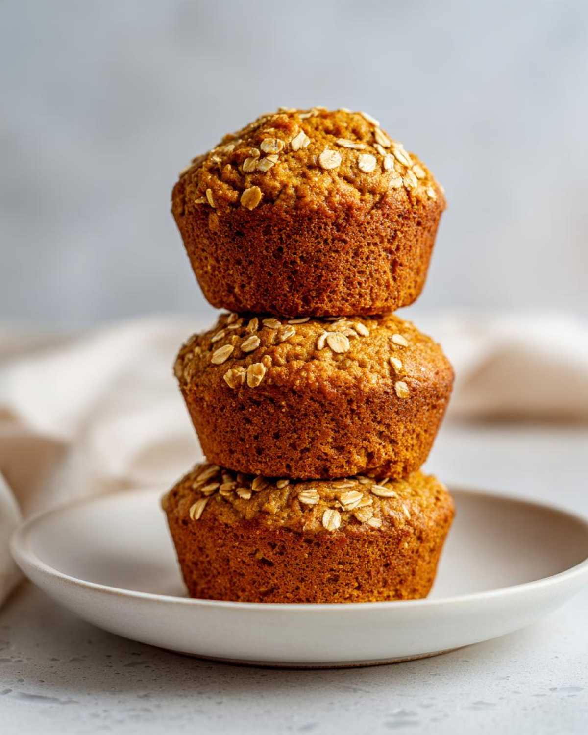 Three golden brown Oat Muffins Breakfast stacked on a white plate, topped with visible rolled oats.
