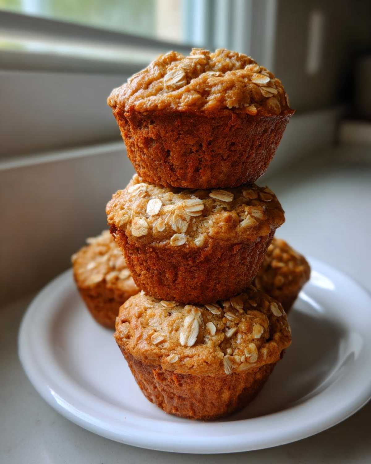 A stack of three golden brown, oatmeal-topped Peanut Free Breakfast Muffins sitting on a white plate.