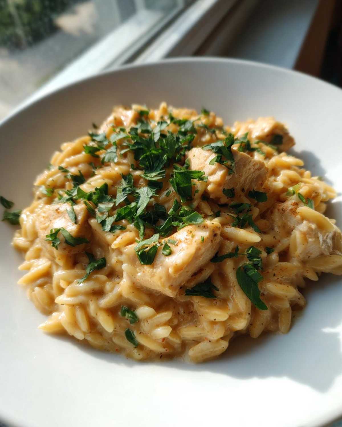 Close-up of creamy Cajun Chicken Alfredo Orzo Flavor topped with fresh parsley in a white bowl.