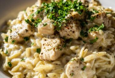 Close-up of creamy Cajun Chicken Alfredo Orzo Flavor topped with diced chicken and fresh parsley.