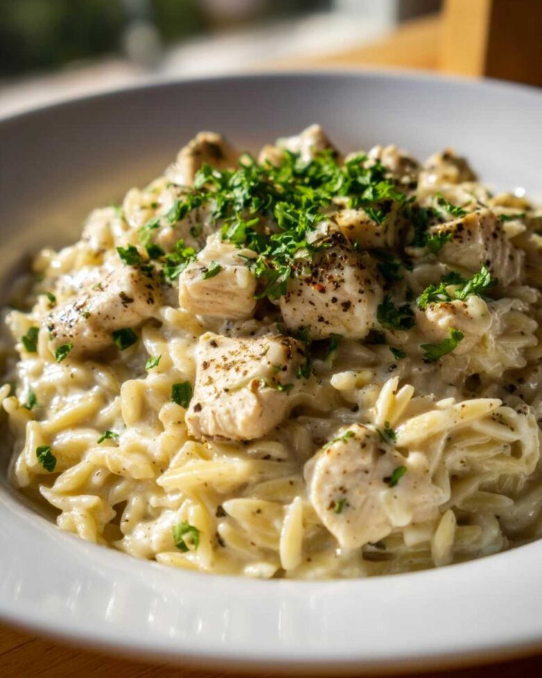 Close-up of creamy Cajun Chicken Alfredo Orzo Flavor topped with diced chicken and fresh parsley.