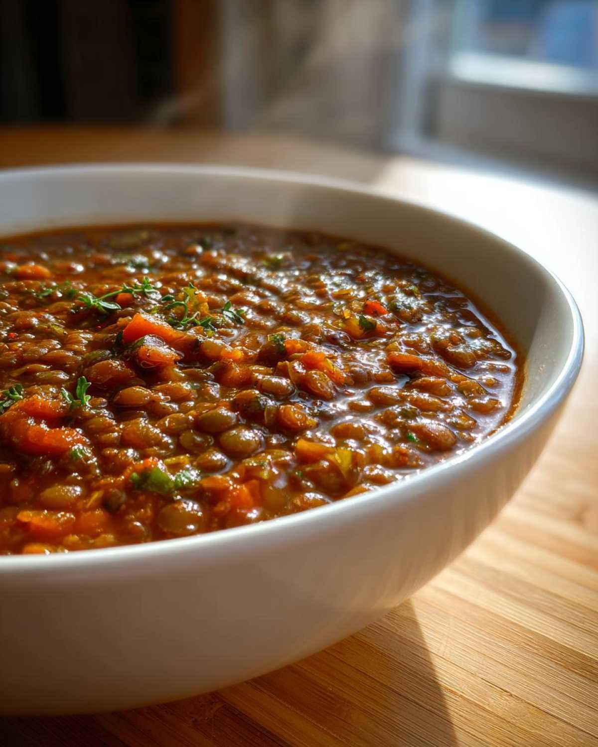 Close-up of a rich, savory One Pot Lentil Soup Dinner garnished with fresh thyme in a white bowl.