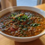 Close-up of a steaming white bowl filled with rich, savory One Pot Lentil Soup Dinner, garnished with fresh parsley.