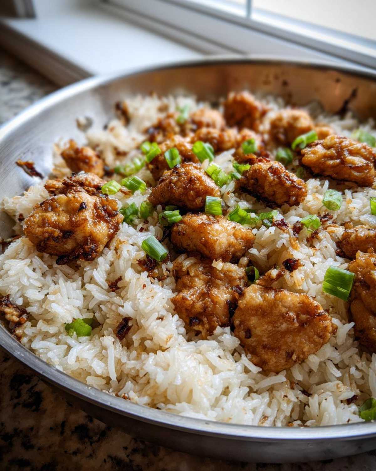 Close-up of delicious One-Skillet Fried Chicken Rice topped with green onions in a metal pan.