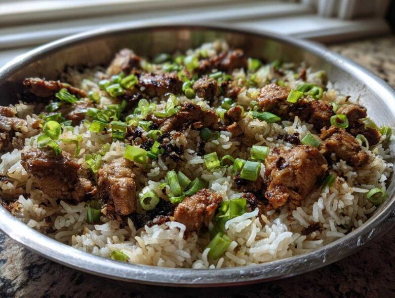 A close-up of delicious One-Skillet Fried Chicken Rice topped with browned chicken pieces and fresh green onions.