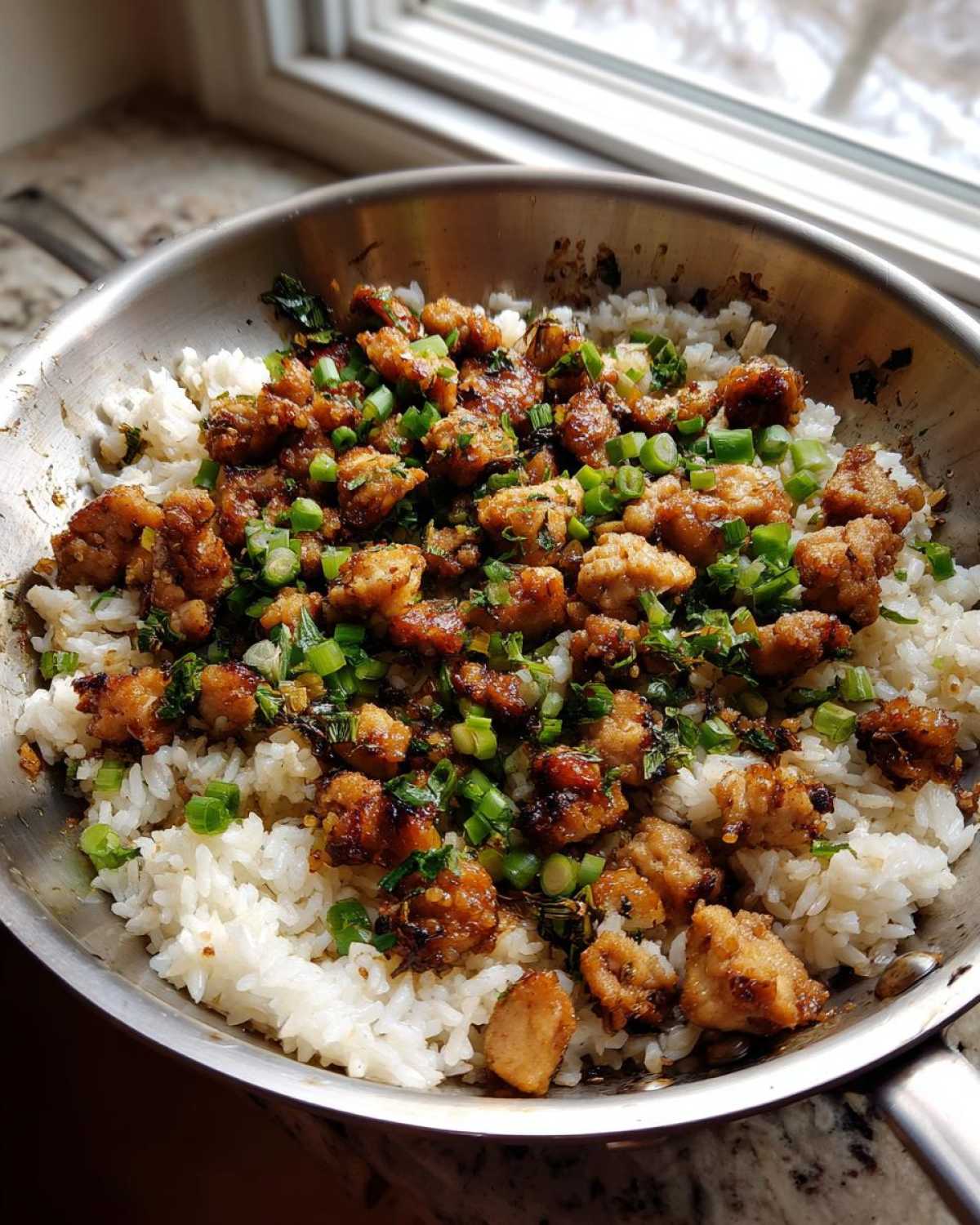 Close-up of delicious One-Skillet Fried Chicken Rice topped with fresh green onions in a metal pan.