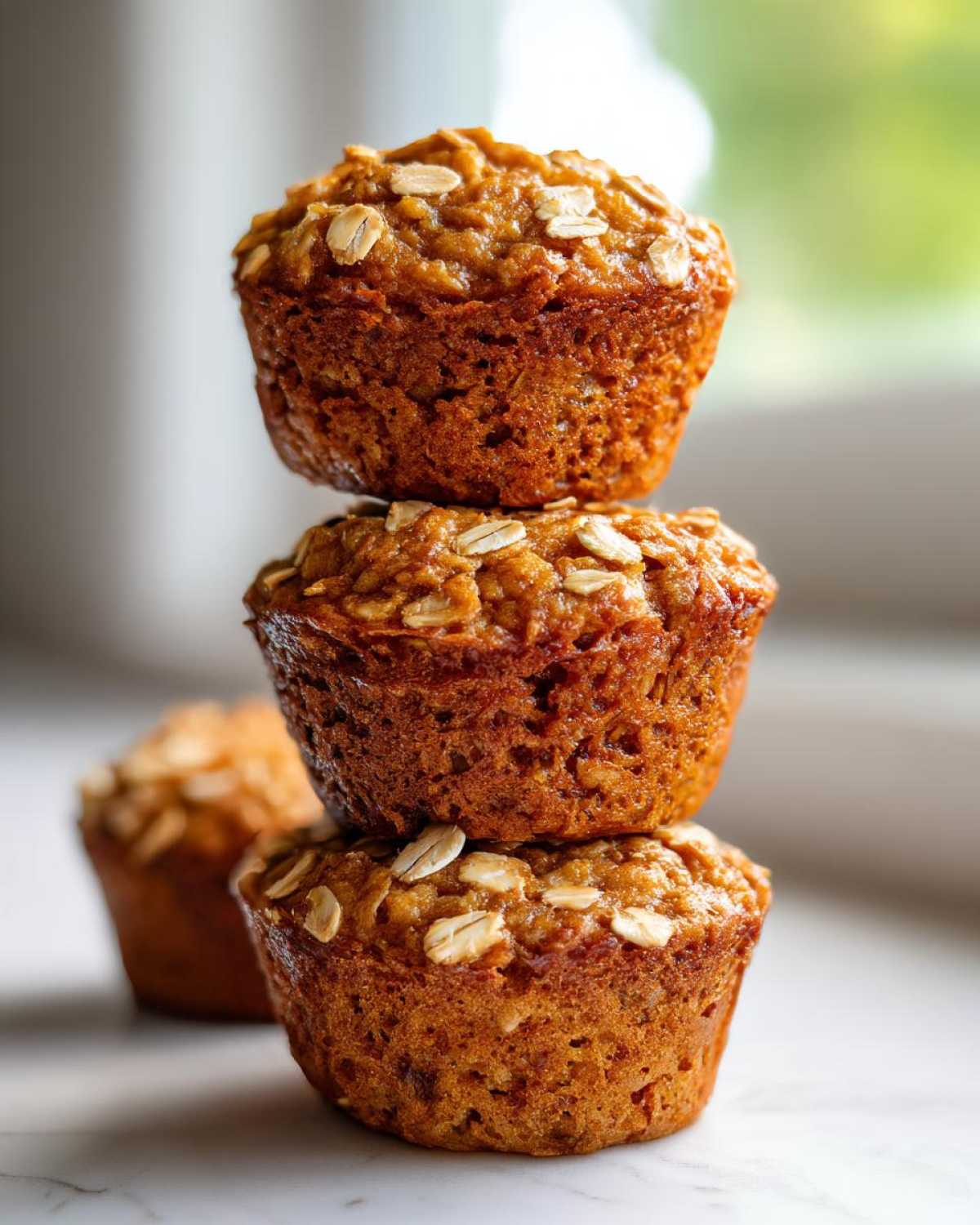 Close-up of three golden brown Peanut Free Breakfast Muffins stacked vertically, topped with rolled oats.