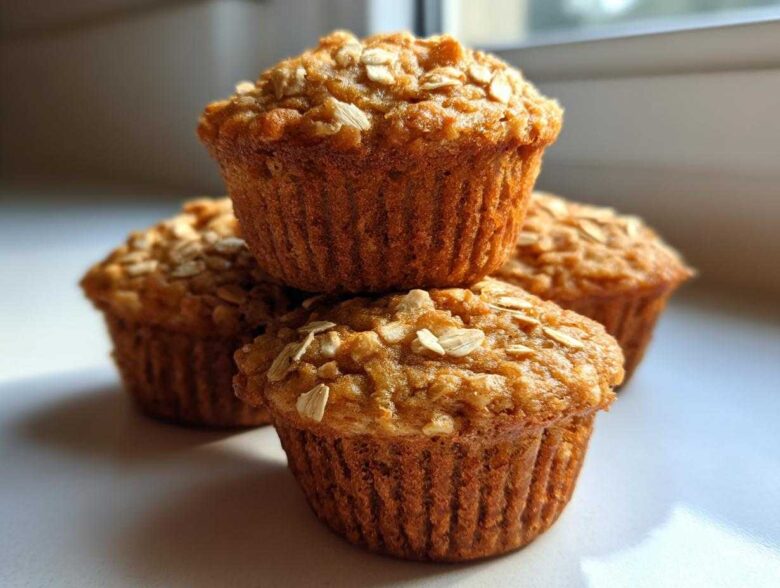 A close-up stack of three golden brown, oatmeal-topped Peanut Free Breakfast Muffins.
