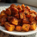 A close-up of perfectly Roasted Garlic Parmesan Sweet Potatoes cubes piled high on a white plate.