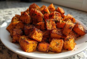 A close-up of perfectly Roasted Garlic Parmesan Sweet Potatoes cubes piled high on a white plate.