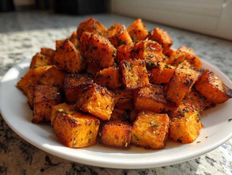 A close-up of perfectly Roasted Garlic Parmesan Sweet Potatoes cubes piled high on a white plate.