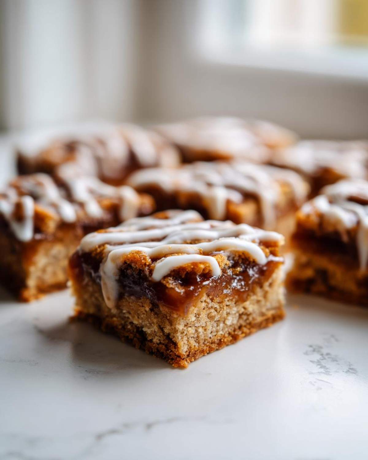 A close-up of a square Salted Caramel Pop Tart Bars slice showing the thick crust, gooey caramel layer, and white icing drizzle.