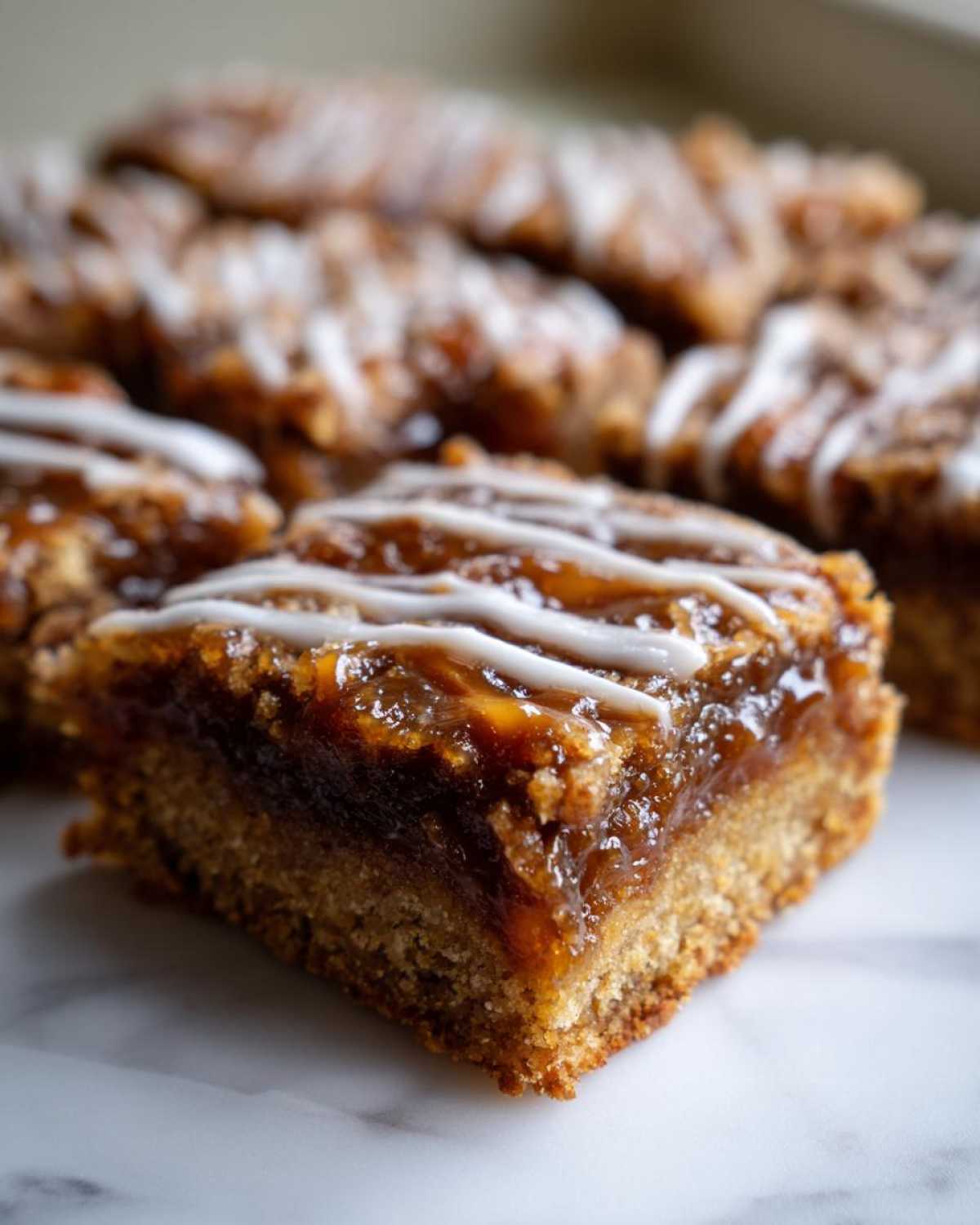 A close-up of a square Salted Caramel Pop Tart Bars showing the thick caramel layer and white icing drizzle over a sourdough crust.