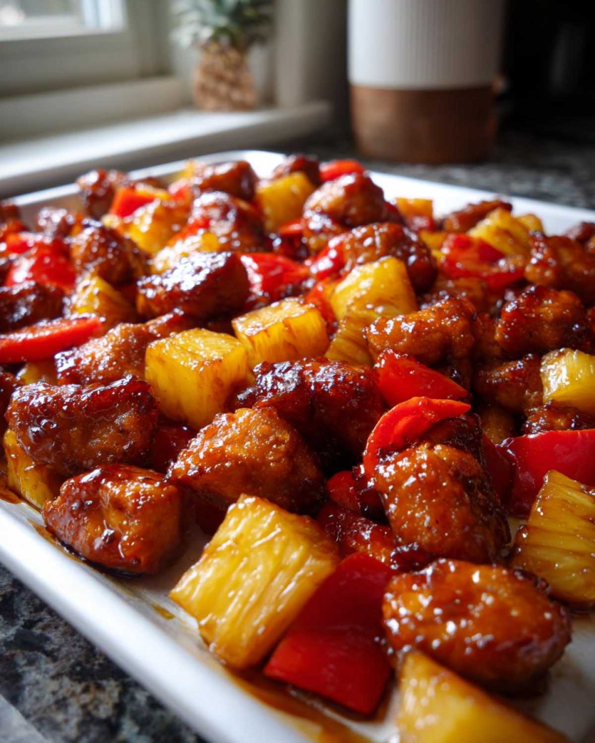 Close-up of glazed chicken pieces, pineapple chunks, and red peppers coated in Hawaiian Chicken Pineapple Teriyaki Glaze.