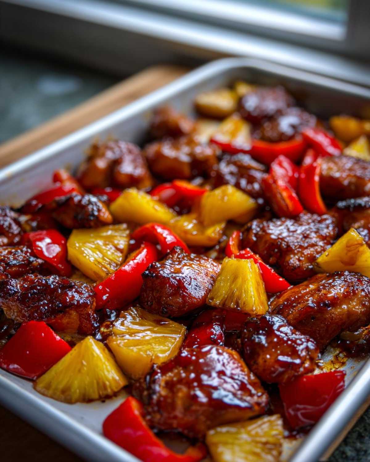 Close-up of juicy chicken pieces coated in Hawaiian Chicken Pineapple Teriyaki Glaze on a sheet pan with pineapple chunks and red peppers.
