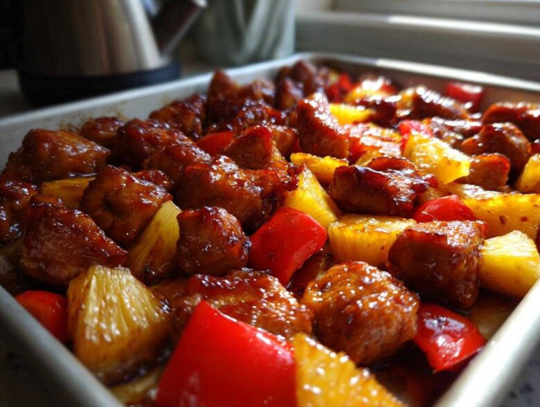 Close-up of glazed chicken pieces, pineapple chunks, and red peppers cooking in a sheet pan for Hawaiian Chicken Pineapple Teriyaki Glaze.