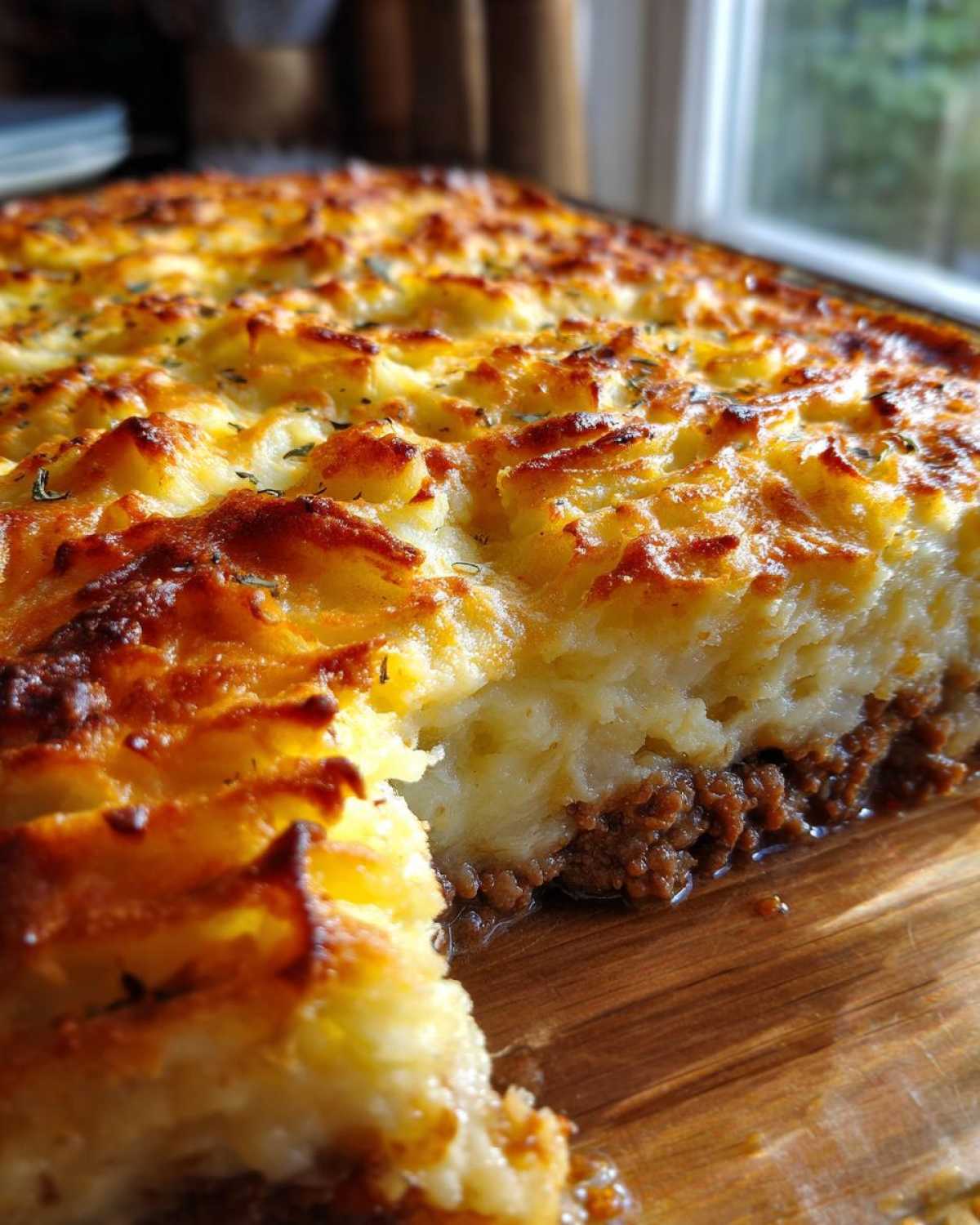 Close-up of a freshly baked Shepherd's Pie, showing a browned mashed potato topping over a rich meat filling, a perfect Classic Comfort Food Dinner Idea.