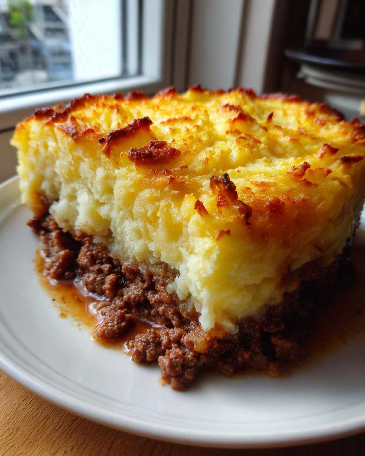 A hearty slice of Shepherd's Pie with a browned mashed potato crust over rich ground meat, a perfect Classic Comfort Food Dinner Idea.