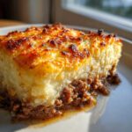 Close-up of a slice of Shepherd's Pie, showing a rich meat base and golden, broiled mashed potato topping, a true Classic Comfort Food Dinner Idea.