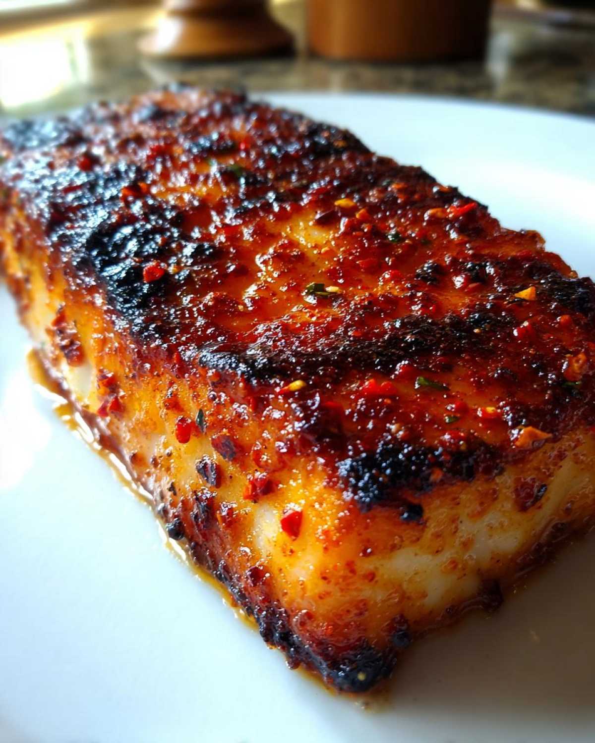 A close-up of a perfectly cooked piece of Spicy Cajun Halibut, grilled with a dark, glossy, and heavily spiced crust.
