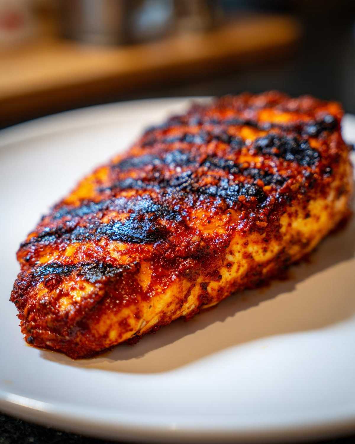 Close-up of a thick, perfectly grilled Spicy Cajun Halibut fillet with dark char marks on a white plate.