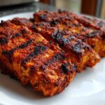 Close-up of three perfectly Grilled Spicy Cajun Halibut fillets with deep red seasoning and char marks on a white plate.