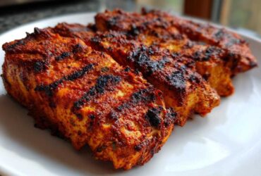 Close-up of three perfectly Grilled Spicy Cajun Halibut fillets with deep red seasoning and char marks on a white plate.