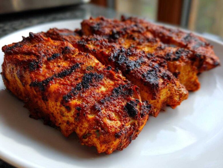 Close-up of three perfectly Grilled Spicy Cajun Halibut fillets with deep red seasoning and char marks on a white plate.