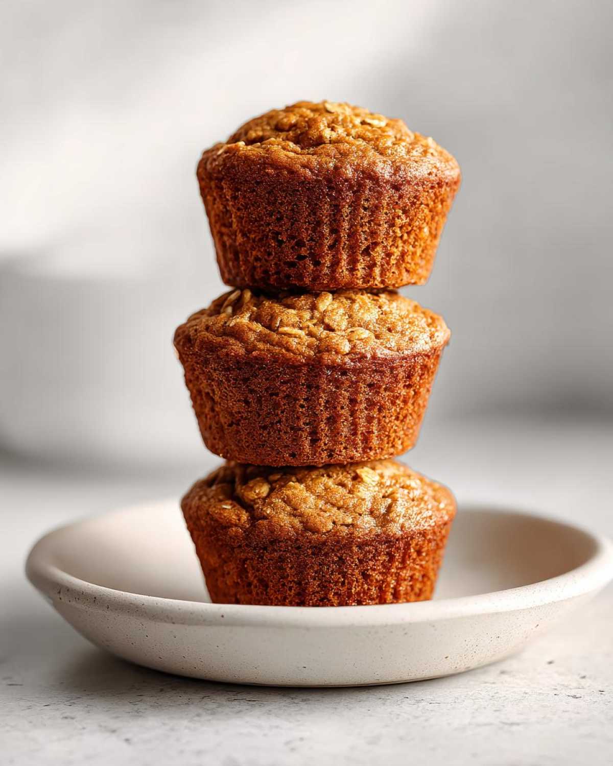 Three golden brown oat muffins stacked vertically on a small, light-colored plate, perfect for Oat Muffins Breakfast.