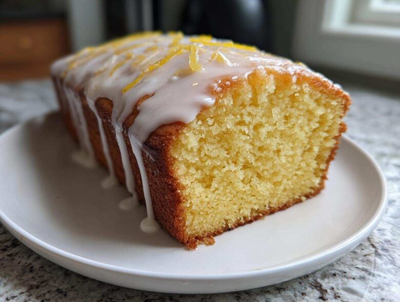 A loaf of Starbucks Copycat Lemon Loaf - Browned Butter Blondie, drizzled with white icing and topped with lemon zest.