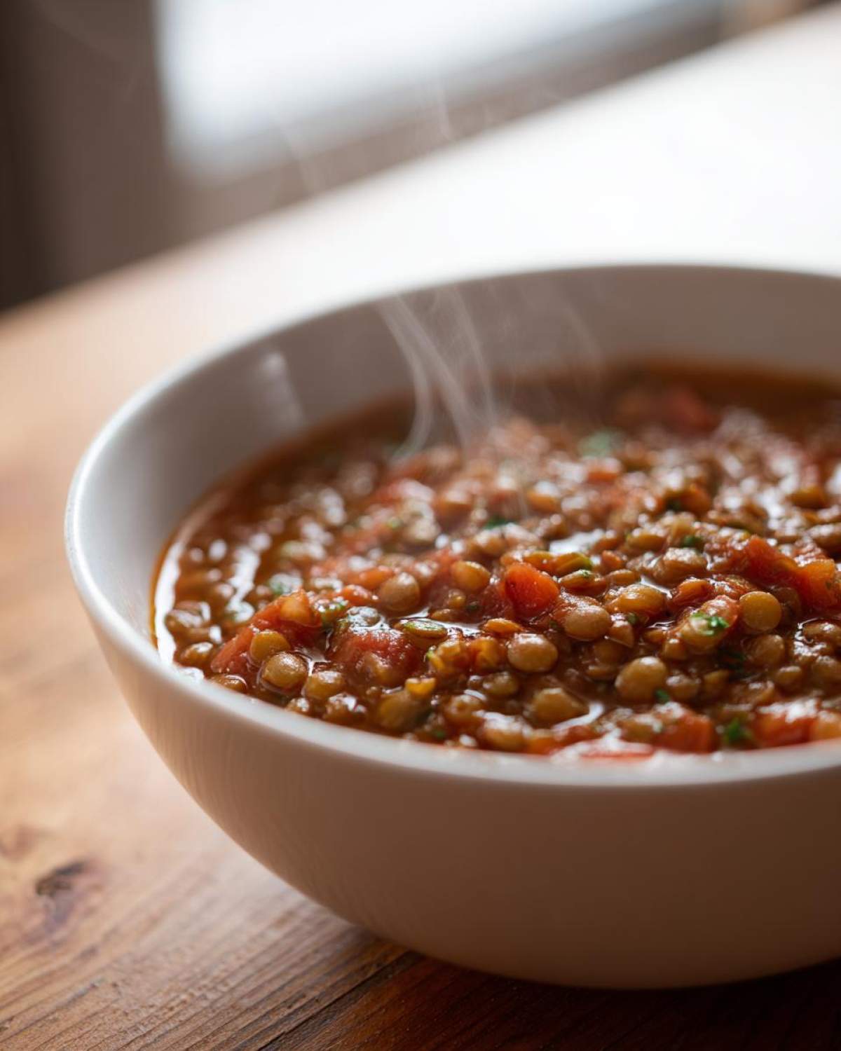 Close-up of a steaming white bowl filled with rich, tomato-based One Pot Lentil Soup Dinner.