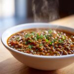 Close-up of a steaming white bowl filled with rich, hearty One Pot Lentil Soup Dinner, garnished with fresh parsley.
