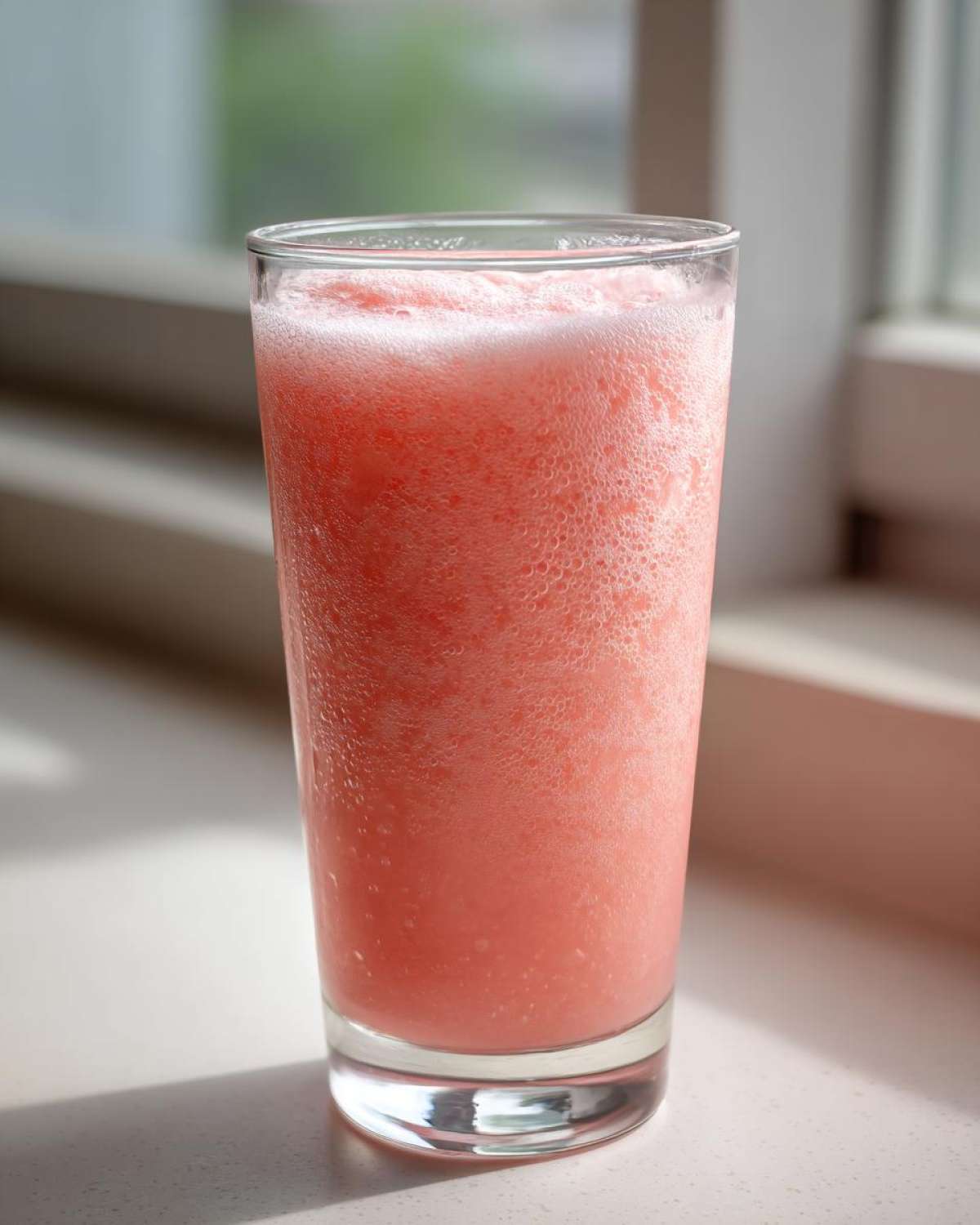 A tall glass filled with frothy, pink Strawberry Brazilian Lemonade sitting on a light countertop near a window.