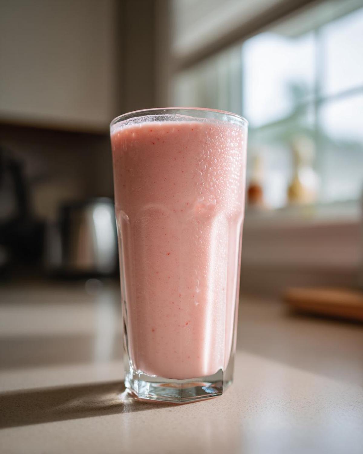 A tall glass filled with creamy pink Strawberry Brazilian Lemonade sitting on a kitchen counter near a window.