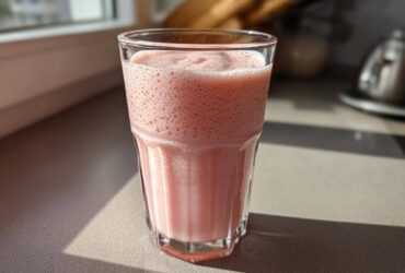 A glass filled with pink, frothy Strawberry Brazilian Lemonade sitting on a kitchen counter in bright sunlight.