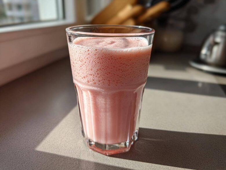 A glass filled with pink, frothy Strawberry Brazilian Lemonade sitting on a kitchen counter in bright sunlight.